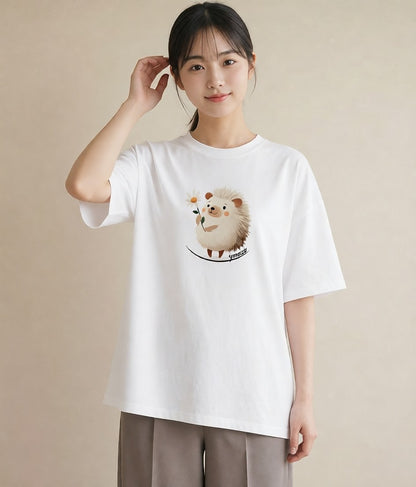 プリントTシャツ レディース ハリネズミ ペット 動物 イラスト 休日コーデ 社会人 女性 白T YMAZO