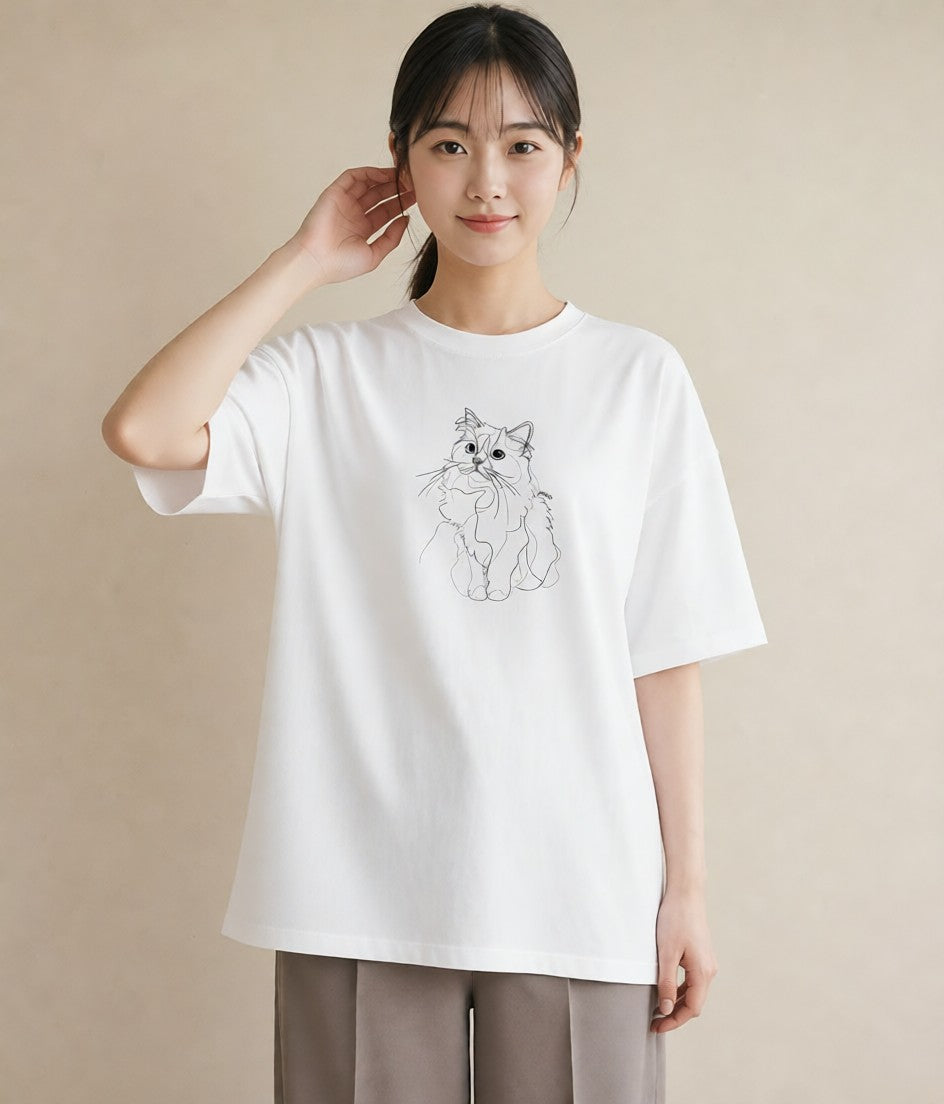 半袖Tシャツ レディース 猫 ねこ ネコ イラスト ポップ 買い物 夏コーデ 白T YMAZO