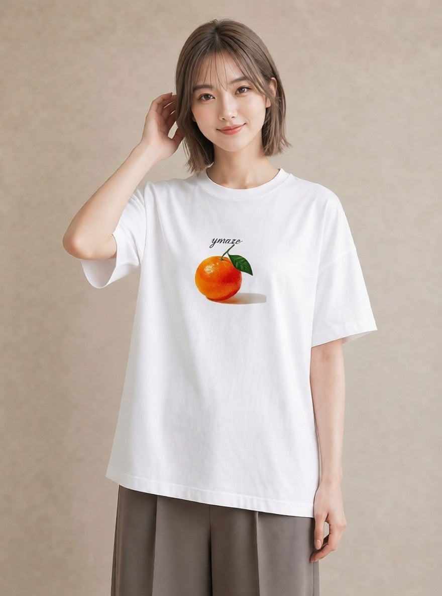デザインTシャツ レディース みかん 食べ物 フード イラスト 手描き風 誕生日プレゼント 綿100 白T YMAZO