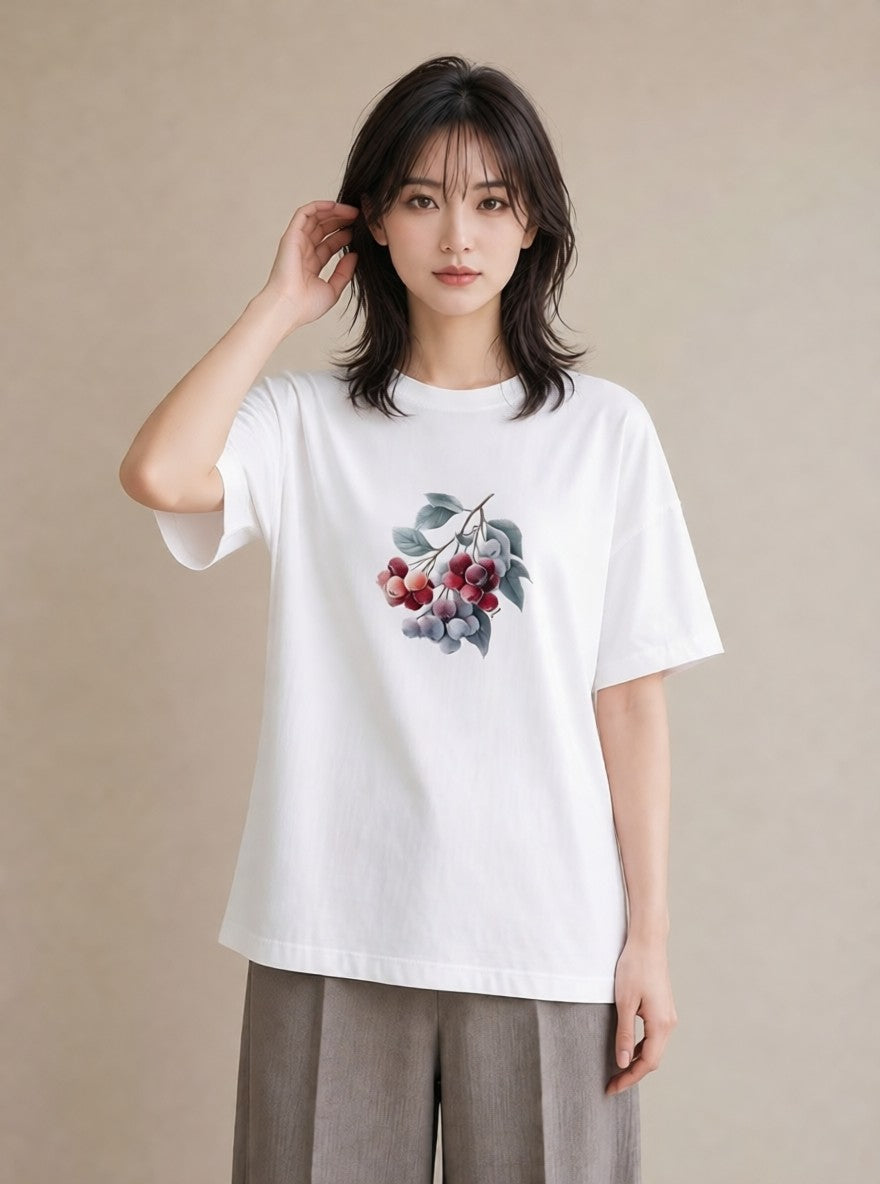 プリントTシャツ レディース さくらんぼ チェリー 食べ物 フード イラスト きれいめカジュアル 自分用 ルームウェア 白T YMAZO