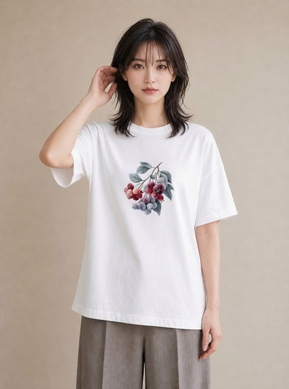 プリントTシャツ レディース さくらんぼ チェリー 食べ物 フード イラスト きれいめカジュアル 自分用 ルームウェア 白T YMAZO