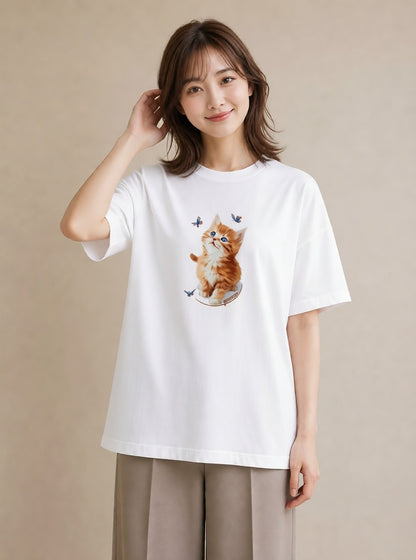 半袖Tシャツ レディース ソマリ 猫 ねこ イラスト フェミニン 女子会 お揃い 白T YMAZO