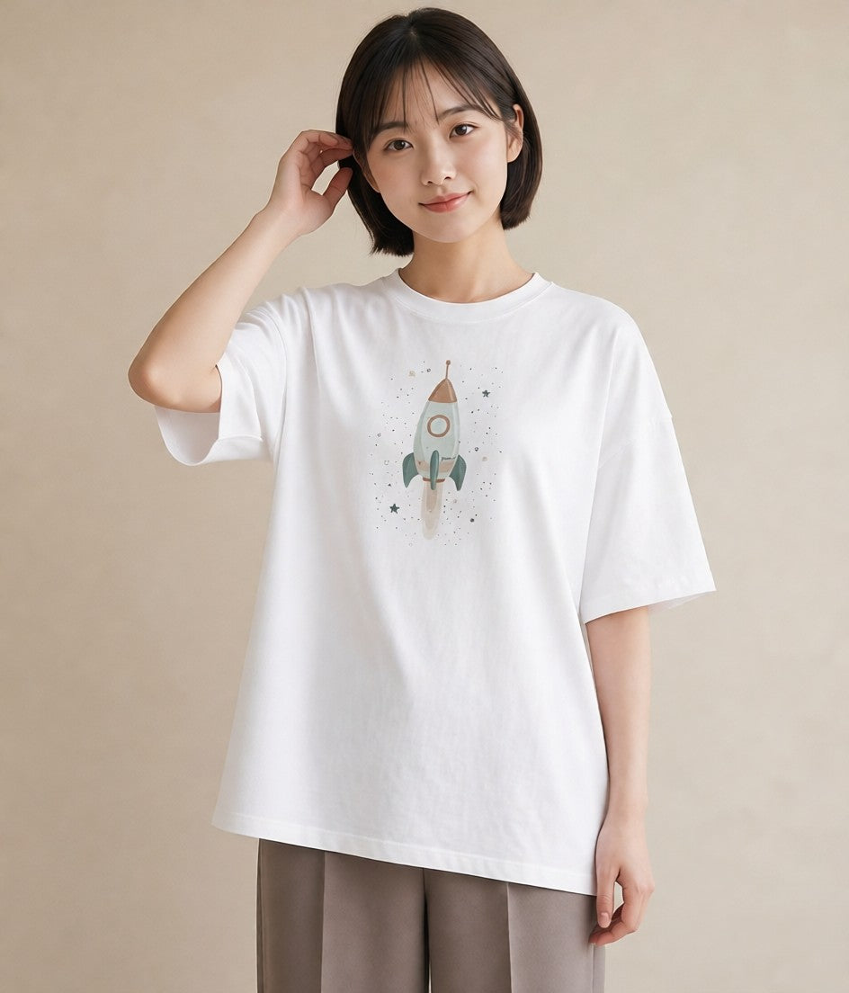 デザインTシャツ レディース ロケット 星空 宇宙 イラスト こなれ感 クリスマス 旅行 白T YMAZO