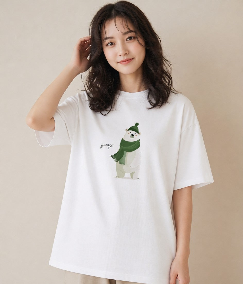 半袖Tシャツ レディース しろくま 白くま 動物 アニマル イラスト きれいめ 海 カフェ巡り 白T YMAZO