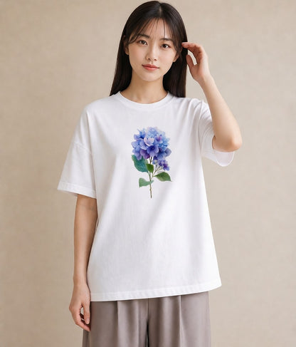 プリントTシャツ レディース あじさい 紫陽花 アジサイ 花 花柄 イラスト 上品 友達ギフト 部屋着 白T YMAZO