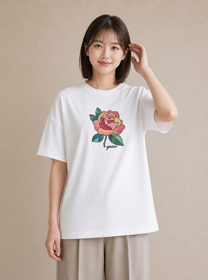 Tシャツ レディース バラ 薔薇 ローズ 花 花柄 イラスト ヴィンテージ風 レイヤード 友達ギフト 白T YMAZO