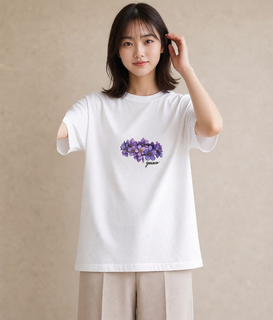 グラフィックTシャツ レディース スミレ 花 花柄 イラスト こなれ感 社会人 女性 白T YMAZO