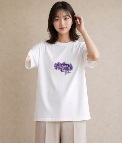 グラフィックTシャツ レディース スミレ 花 花柄 イラスト こなれ感 社会人 女性 白T YMAZO