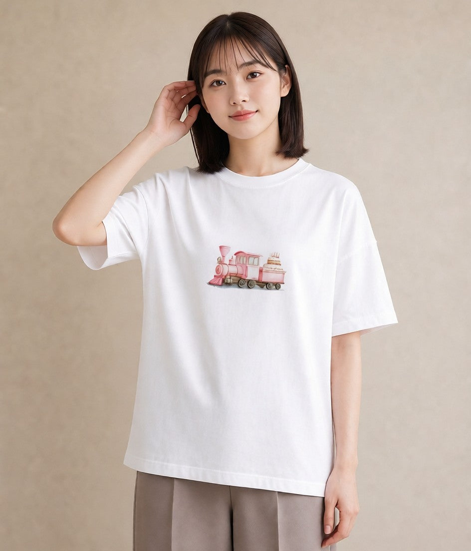 半袖Tシャツ レディース 駅のホーム ローカル線 駅 ナチュラル アンティーク イラスト 水彩風 女子会 お揃い 白T YMAZO