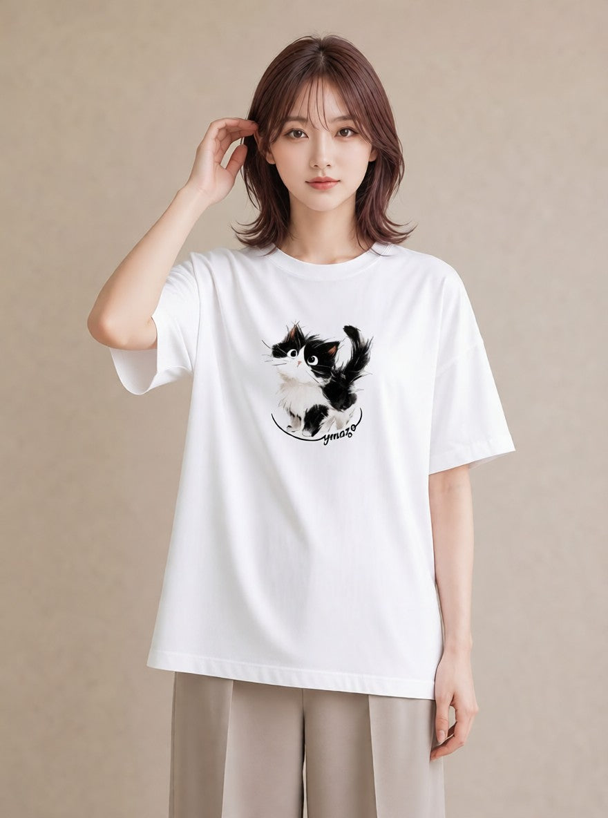デザインTシャツ レディース ハチワレ 白黒猫 猫 ねこ イラスト 抜け感 デイリーウェア 休日 白T YMAZO