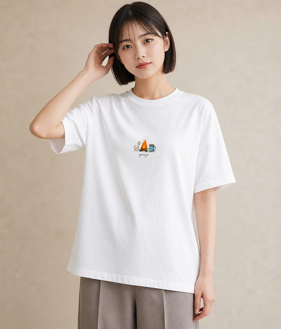 半袖Tシャツ レディース ココア 食べ物 フード イラスト 旅行コーデ ペアコーデ 秋コーデ 白T YMAZO