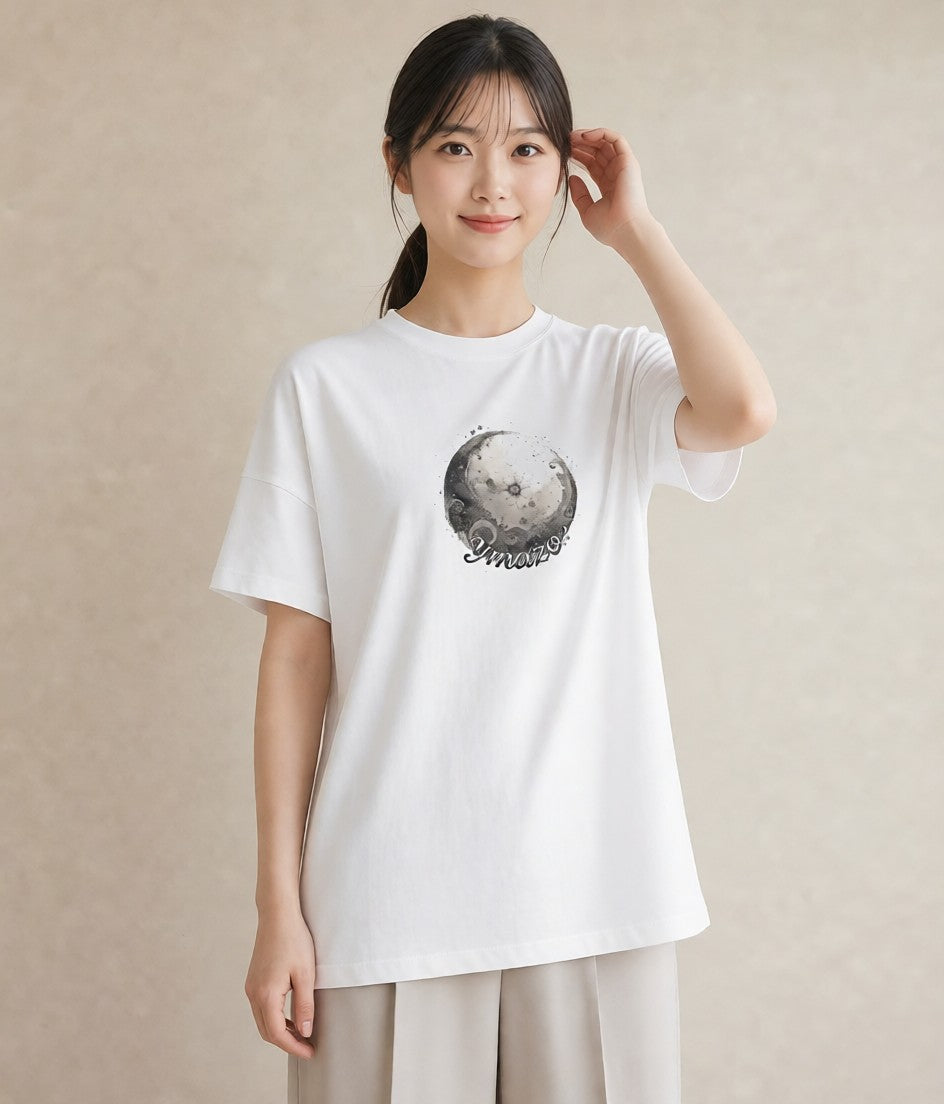 プリントTシャツ レディース 満月 星空 宇宙 イラスト 水彩風 夏コーデ 通学 白T YMAZO