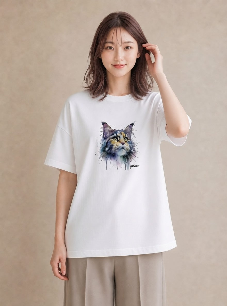 Tシャツ レディース ぶち猫 猫 ねこ イラスト シンプル ビーチ デイリーウェア 白T YMAZO