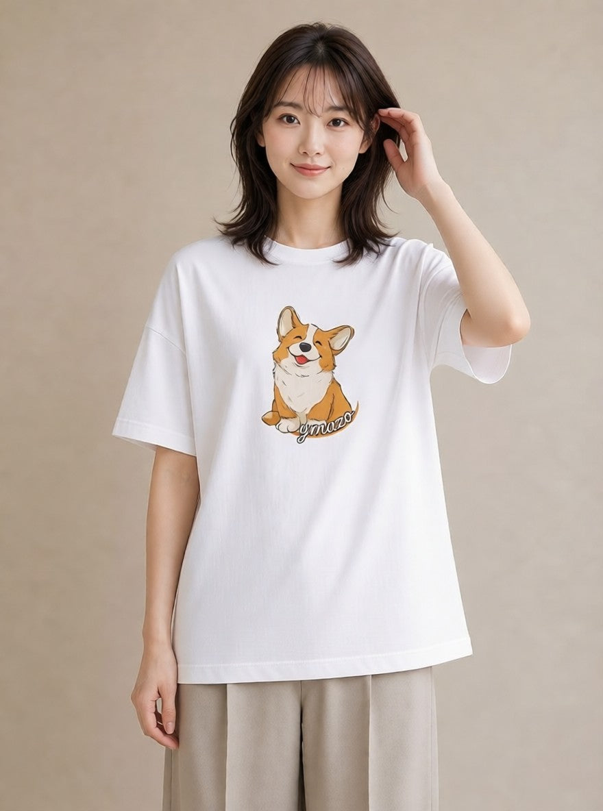 プリントTシャツ レディース ウェルシュコーギー コーギー 犬 いぬ イラスト ガーリー 送別ギフト 通勤 白T YMAZO