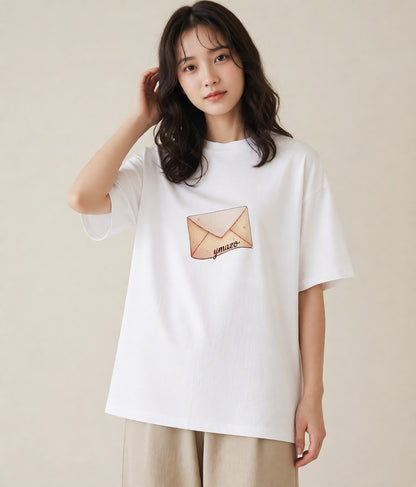 半袖Tシャツ レディース 封蝋 手紙 アンティーク ナチュラル イラスト フェミニン 女性向けギフト 散歩 白T YMAZO