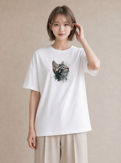 半袖Tシャツ レディース 猫 ねこ イラスト きれいめカジュアル 在宅 公園 白T YMAZO