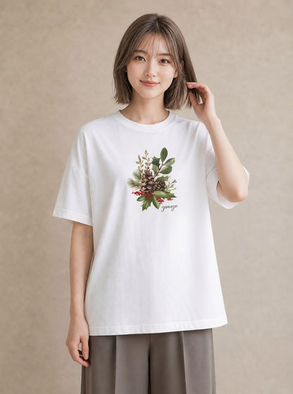 デザインTシャツ レディース 松ぼっくり 植物 ボタニカル イラスト レイヤード 友達ギフト 白T YMAZO