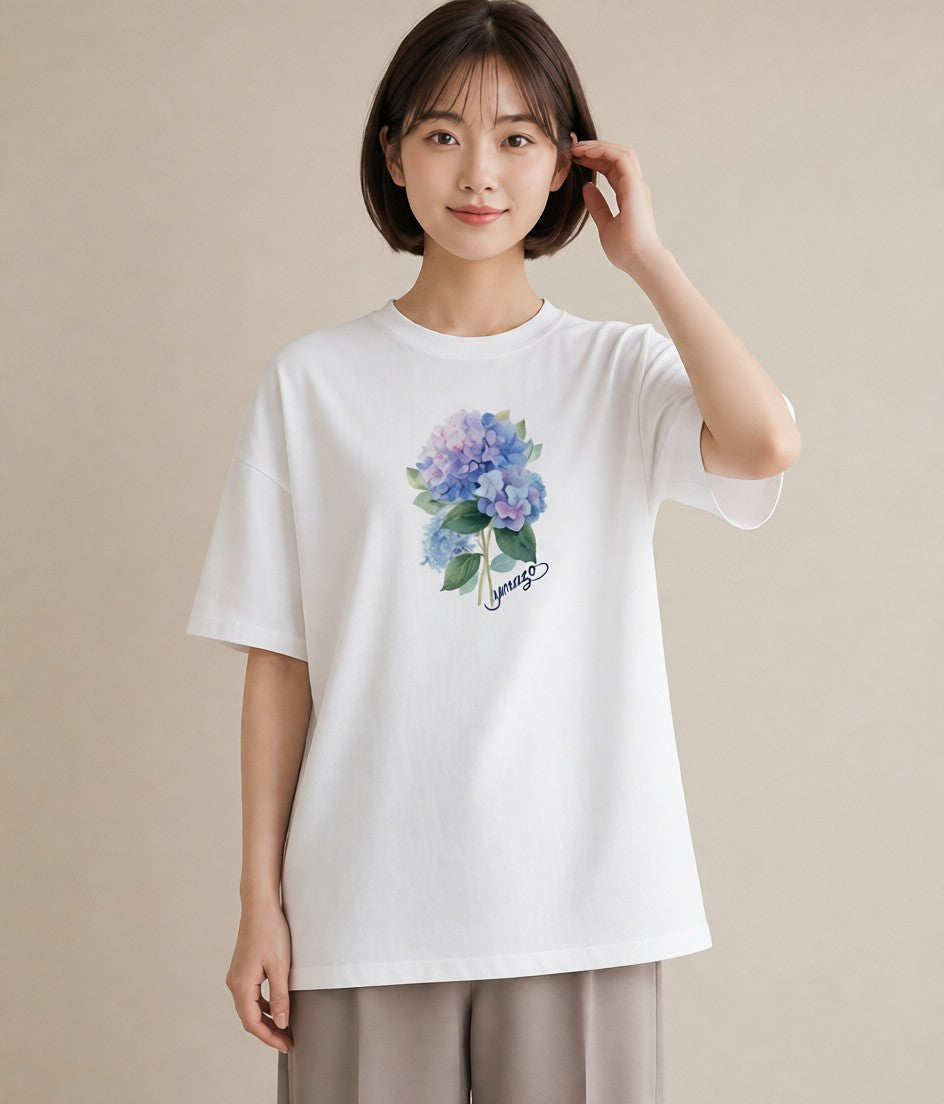 プリントTシャツ レディース あじさい 紫陽花 アジサイ 花 花柄 イラスト 夏コーデ 通学 白T YMAZO