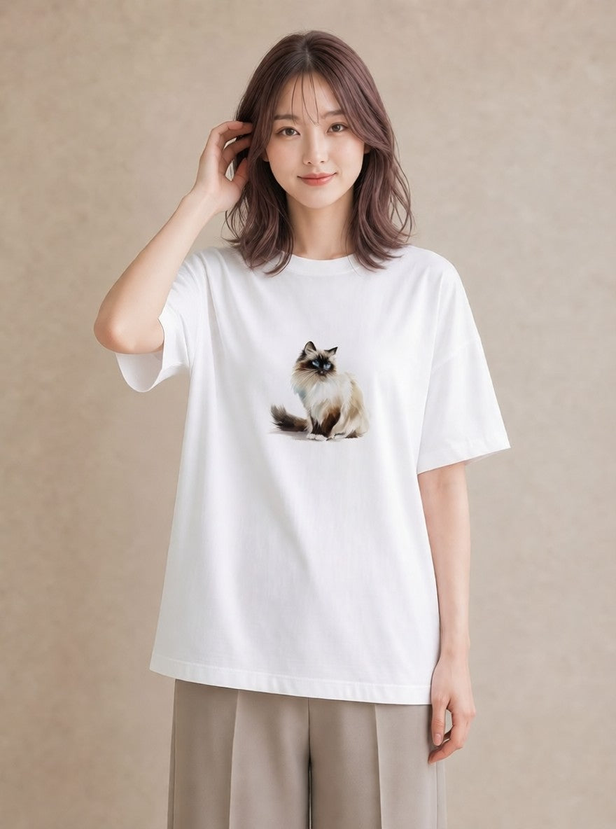グラフィックTシャツ レディース 猫 ねこ イラスト ゆるコーデ カジュアルコーデ 買い物 白T YMAZO