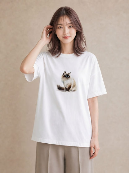 グラフィックTシャツ レディース 猫 ねこ イラスト ゆるコーデ カジュアルコーデ 買い物 白T YMAZO