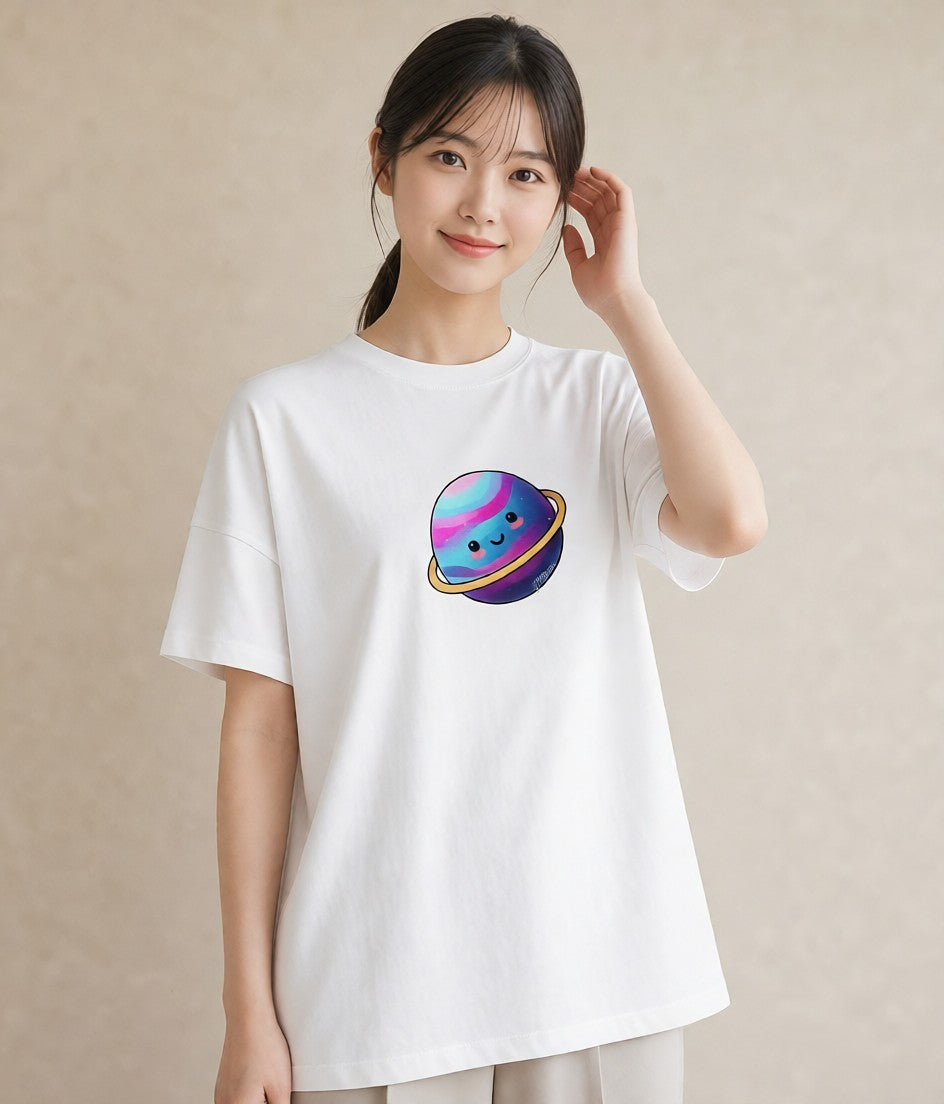 グラフィックTシャツ レディース 土星 星空 宇宙 イラスト 旅行コーデ 通勤 在宅 白T YMAZO
