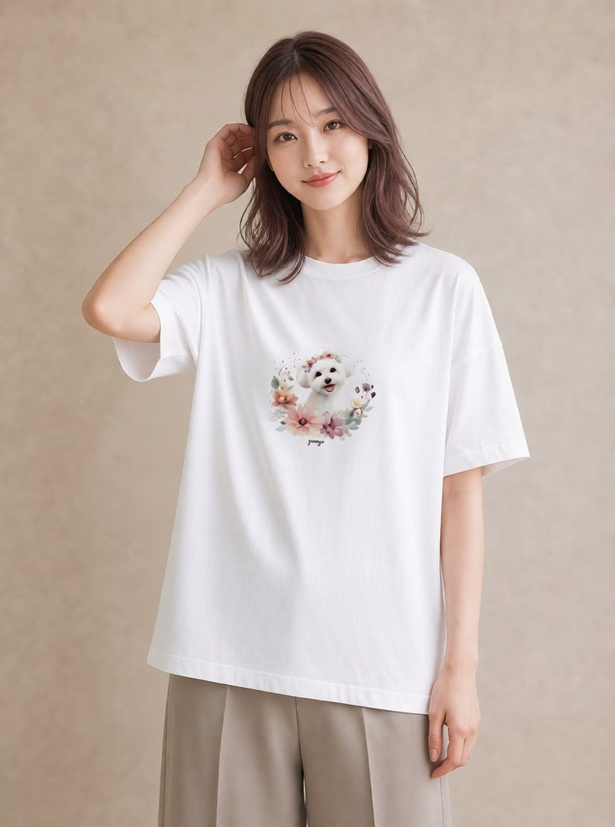 グラフィックTシャツ レディース ビションフリーゼ 犬 いぬ イラスト 水彩風 20代 カジュアルコーデ 白T YMAZO