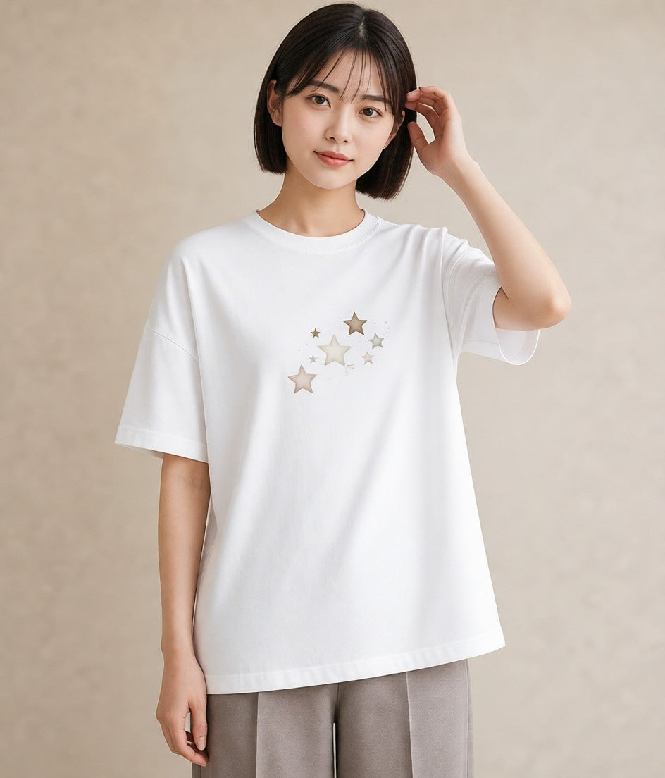 半袖Tシャツ レディース 流れ星 星空 宇宙 イラスト ポップ レイヤード 友達ギフト 白T YMAZO
