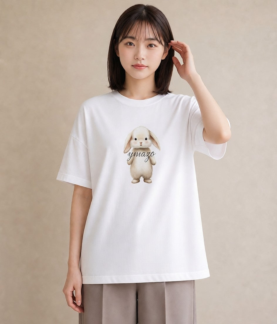 半袖Tシャツ レディース ライオンラビット ペット 動物 イラスト ヴィンテージ風 ミセス 春コーデ 白T YMAZO