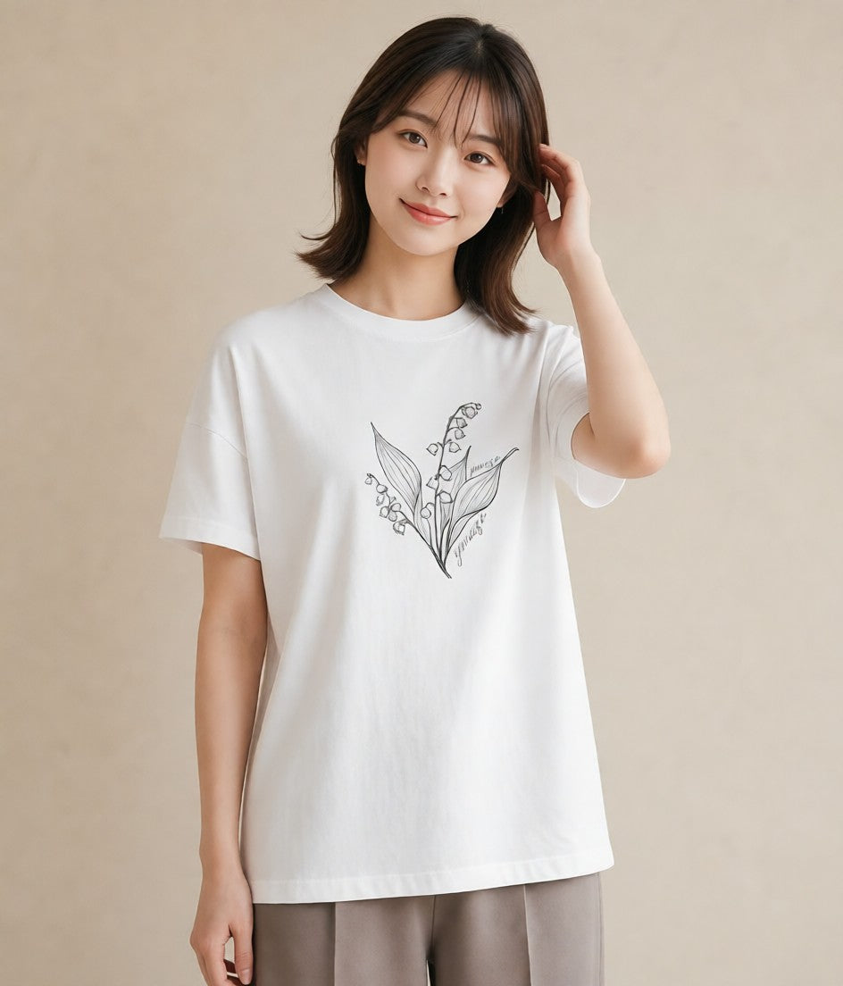 半袖Tシャツ レディース すずらん 花 花柄 イラスト カフェコーデ 休日 ペアコーデ 白T