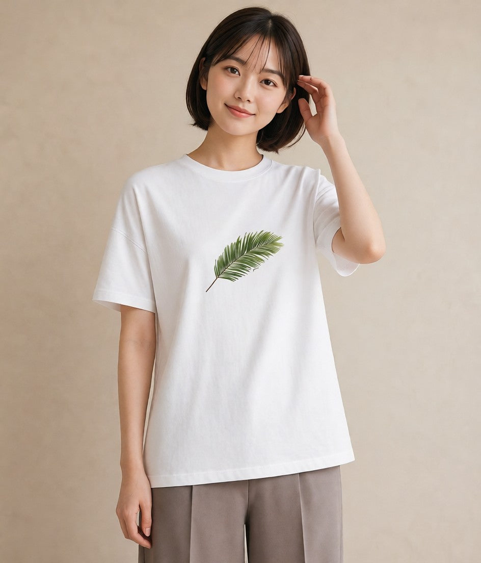 Tシャツ レディース シダ 植物 ボタニカル イラスト フェミニン 普段着 週末コーデ 白T YMAZO