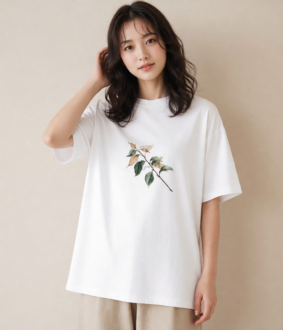 プリントTシャツ レディース 落ち葉 植物 ボタニカル イラスト カジュアル 海 カフェ巡り 白T YMAZO