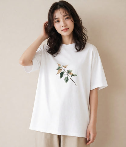 プリントTシャツ レディース 落ち葉 植物 ボタニカル イラスト カジュアル 海 カフェ巡り 白T YMAZO