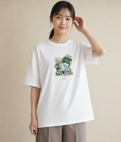 プリントTシャツ レディース 湖畔の小屋 湖 小屋 ナチュラル アンティーク イラスト アート風 ミセス 春コーデ 白T YMAZO