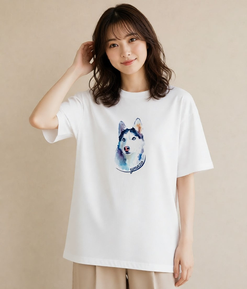 Tシャツ レディース シベリアンハスキー 犬 いぬ イラスト 線画 誕生日プレゼント 綿100 白T YMAZO