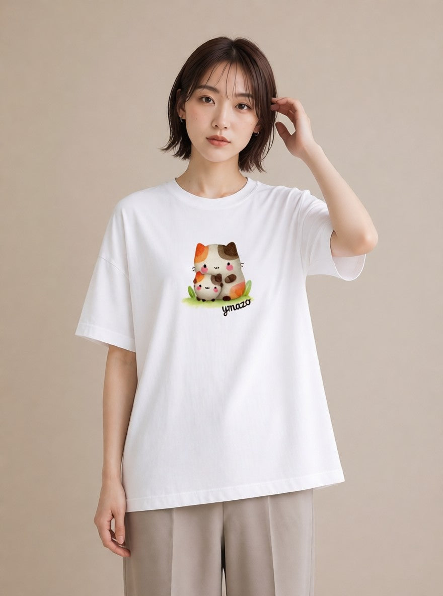 半袖Tシャツ レディース ニャンコ 猫 ねこ イラスト ナチュラル カフェ服 クリスマス 白T YMAZO