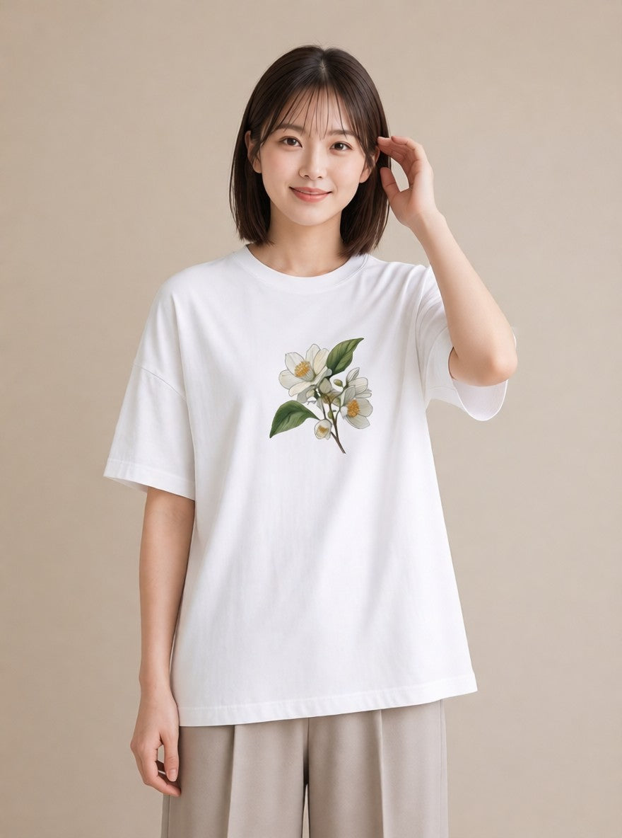 グラフィックTシャツ レディース 金木犀 花 花柄 イラスト 可愛い カジュアルコーデ 買い物 白T YMAZO