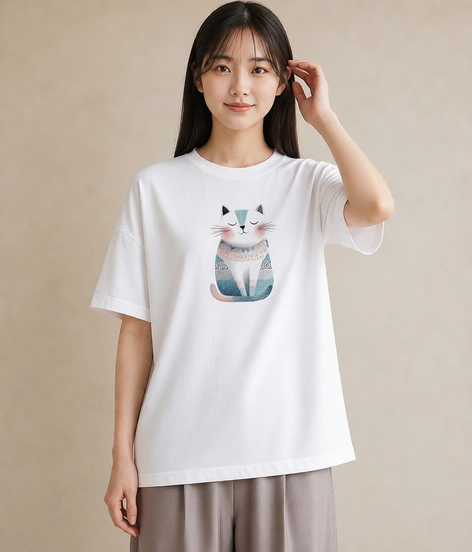 グラフィックTシャツ レディース ねこ 猫 ネコ イラスト 休日コーデ 女性向けギフト 散歩 白T YMAZO