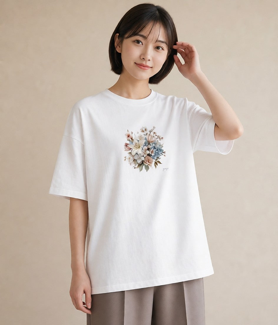Tシャツ レディース ポスト 野の花 レトロ ナチュラル アンティーク イラスト モード 誕生日プレゼント 綿100 白T YMAZO