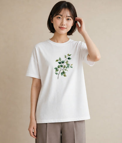 半袖Tシャツ レディース 新緑 植物 ボタニカル イラスト 休日コーデ 通学 誕生日プレゼント 白T YMAZO