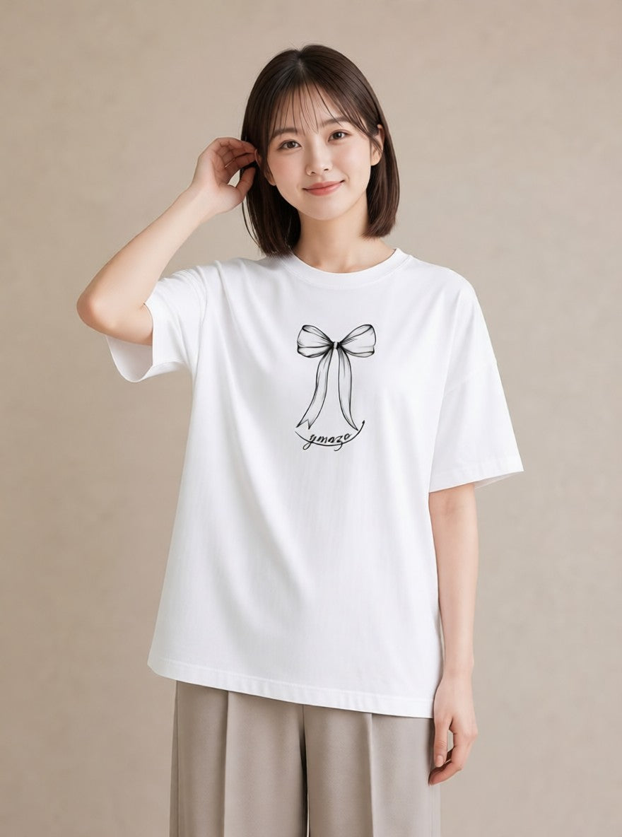 Tシャツ レディース リボン ボウ りぼん イラスト ヴィンテージ風 母の日 ビーチ 白T YMAZO