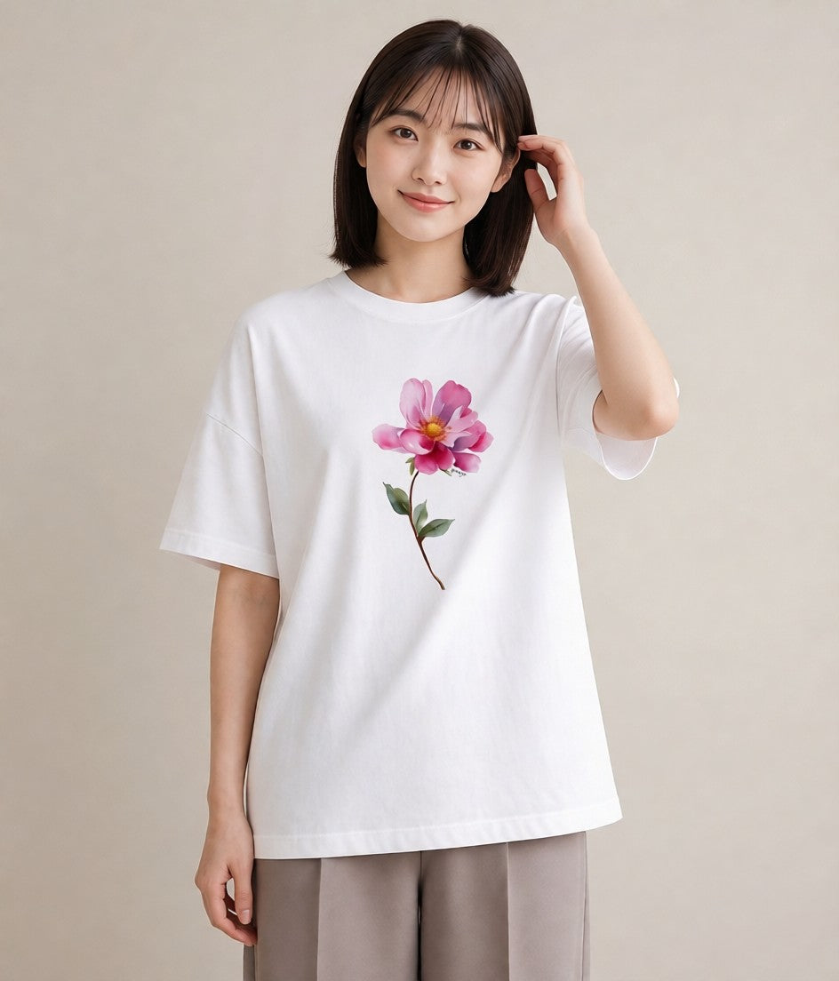 グラフィックTシャツ レディース コスモス 秋桜 花 花柄 イラスト ガーリー 社会人 女性 白T YMAZO