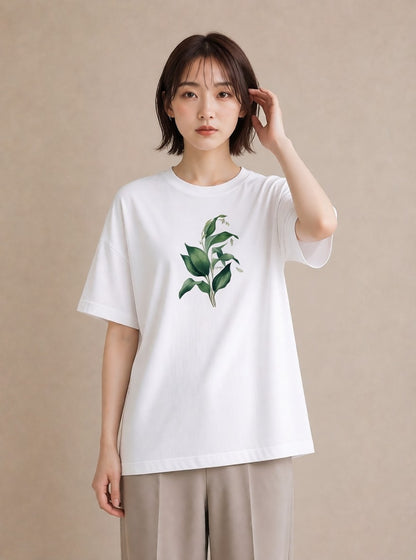 半袖Tシャツ レディース すずらん 花 花柄 イラスト レトロ 帰省 ラフ 白T YMAZO