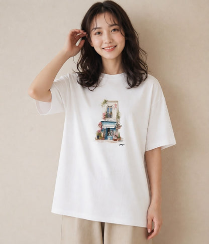 半袖Tシャツ レディース 自転車のかご 自転車 花かご ナチュラル アンティーク イラスト 抜け感 週末コーデ 敬老の日 白T YMAZO