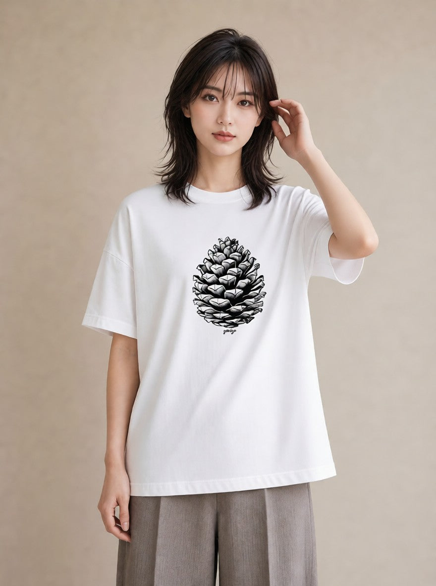 プリントTシャツ レディース 松ぼっくり 植物 ボタニカル イラスト ゆるかわ 母娘コーデ 自分用 白T YMAZO