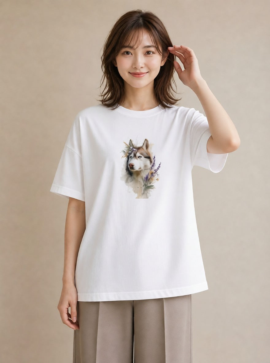 Tシャツ レディース シベリアンハスキー 犬 いぬ イラスト 休日コーデ 送別ギフト 通勤 白T YMAZO