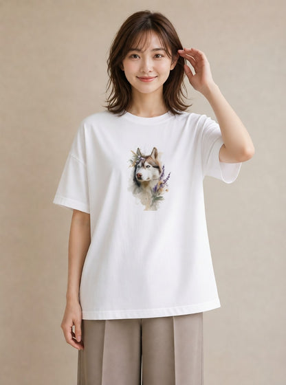Tシャツ レディース シベリアンハスキー 犬 いぬ イラスト 休日コーデ 送別ギフト 通勤 白T YMAZO