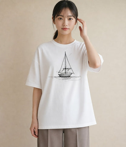 半袖Tシャツ レディース 桟橋 水辺 波止場 ナチュラル アンティーク イラスト きれいめ 自分用 ルームウェア 白T YMAZO