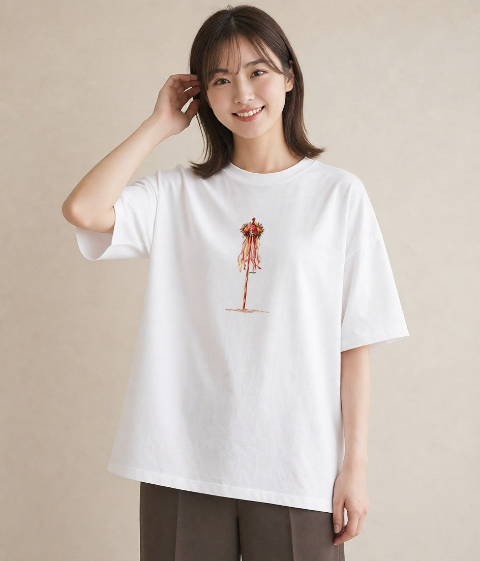 Tシャツ レディース ポスト 野の花 レトロ ナチュラル アンティーク イラスト 韓国風 ママ カフェ服 白T YMAZO