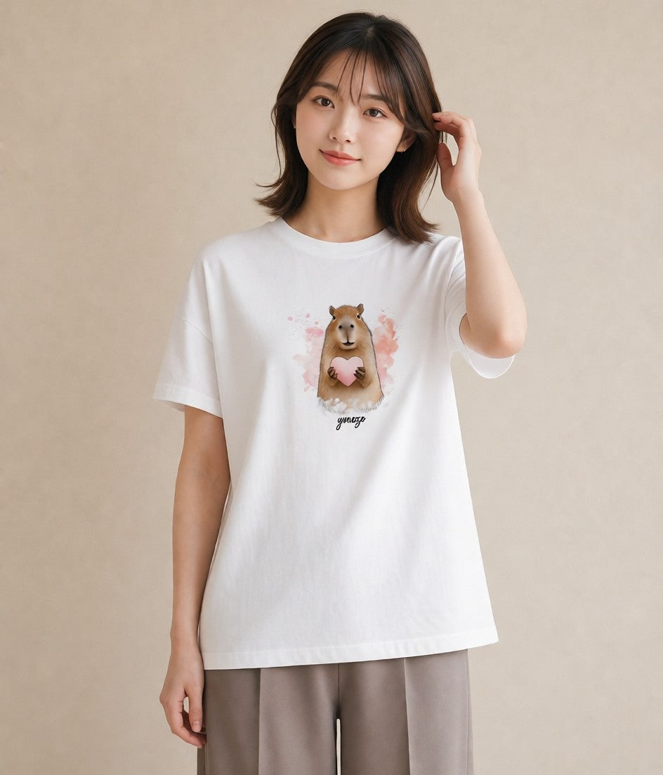 半袖Tシャツ レディース モルモット ペット 動物 イラスト 手描き風 誕生日プレゼント 綿100 白T YMAZO