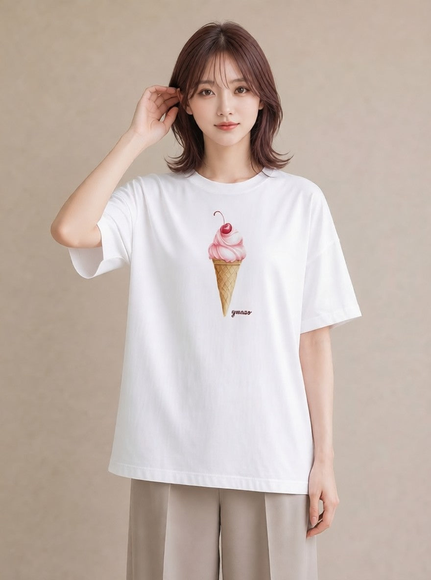 Tシャツ レディース アイス 食べ物 フード イラスト ゆるかわ 海 カフェ巡り 白T YMAZO